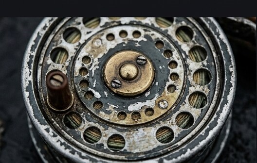 Worn fishing reel close-up