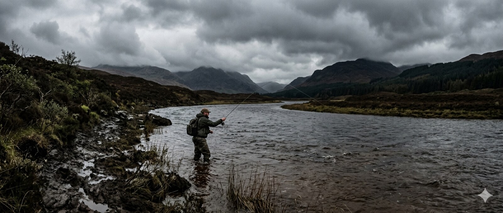 Angler wading in a moody river at dusk