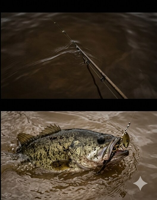 Rod dipping into murky water